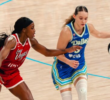 Paige Bueckers of the Dallas Wings drives the ball against a Las Vegas Aces defender