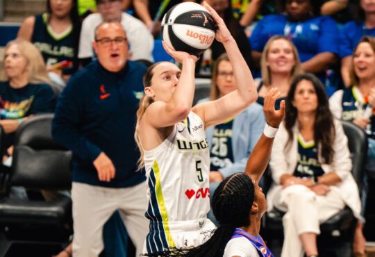 Paige Bueckers rises for a jump shot over Phoenix Mercury defender Monique Akoa Makani during the Dallas Wings' 85-70 win at College Park Center on June 11, 2026.