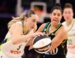 Paige Bueckers of the Dallas Wings protects the ball against Kelsey Plum of the Los Angeles Sparks at Crypto.com Arena.