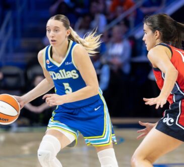 Dallas Wings guard Paige Bueckers dribbles while guarded by Washington Mystics guard Sonia Citron at College Park Center.