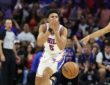 Philadelphia 76ers guard Quentin Grimes reacts during a 2026 NBA Playoffs game against the New York Knicks