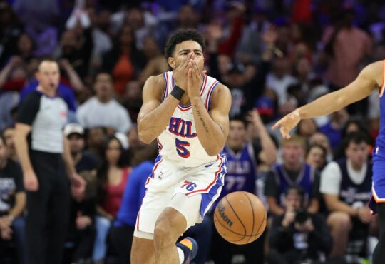 Philadelphia 76ers guard Quentin Grimes reacts during a 2026 NBA Playoffs game against the New York Knicks