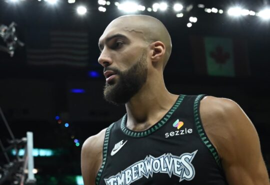 Minnesota Timberwolves center Rudy Gobert walks off the court at Target Center during the 2026 NBA Playoffs