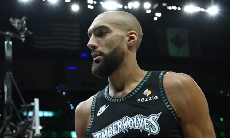 Minnesota Timberwolves center Rudy Gobert walks off the court at Target Center during the 2026 NBA Playoffs