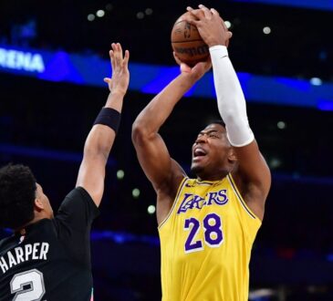 Los Angeles Lakers forward Rui Hachimura shoots against San Antonio Spurs guard Dylan Harper during the first half at Crypto.com Arena.