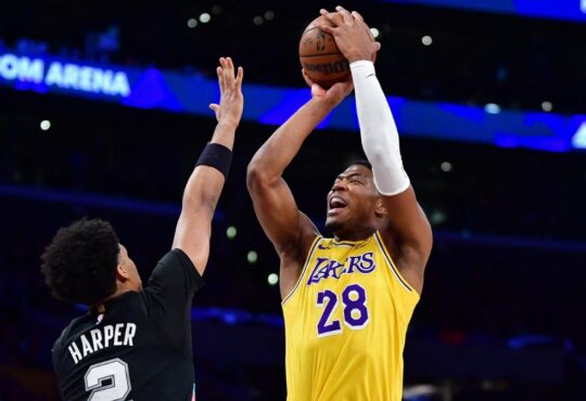 Los Angeles Lakers forward Rui Hachimura shoots against San Antonio Spurs guard Dylan Harper during the first half at Crypto.com Arena.