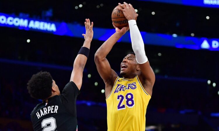 Los Angeles Lakers forward Rui Hachimura shoots against San Antonio Spurs guard Dylan Harper during the first half at Crypto.com Arena.
