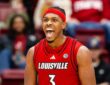 Ryan Conwell of the Louisville Cardinals celebrates during a 2025-26 game