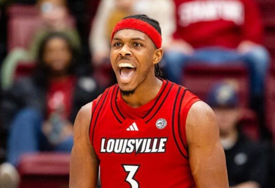 Ryan Conwell of the Louisville Cardinals celebrates during a 2025-26 game