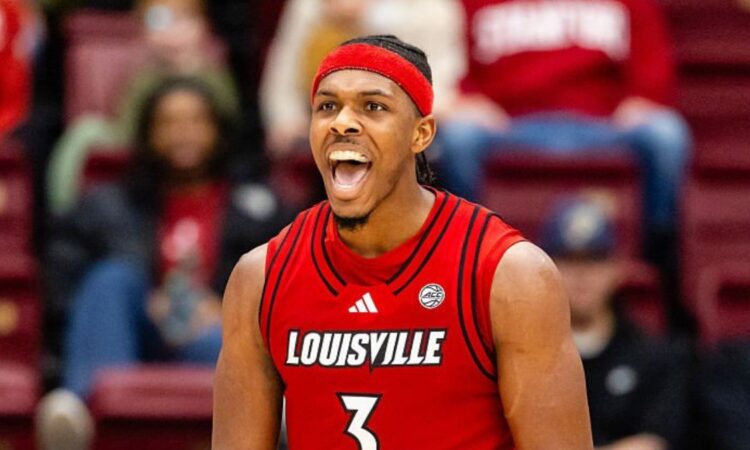 Ryan Conwell of the Louisville Cardinals celebrates during a 2025-26 game
