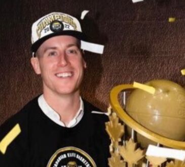 Ryan Schmidt holds the trophy after winning the 2022 CEBL Championship as head coach of the Hamilton Honey Badgers