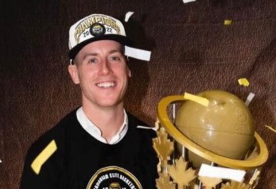 Ryan Schmidt holds the trophy after winning the 2022 CEBL Championship as head coach of the Hamilton Honey Badgers