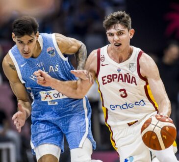 Sergio De Larrea drives upcourt for Spain against Greece at FIBA EuroBasket 2025