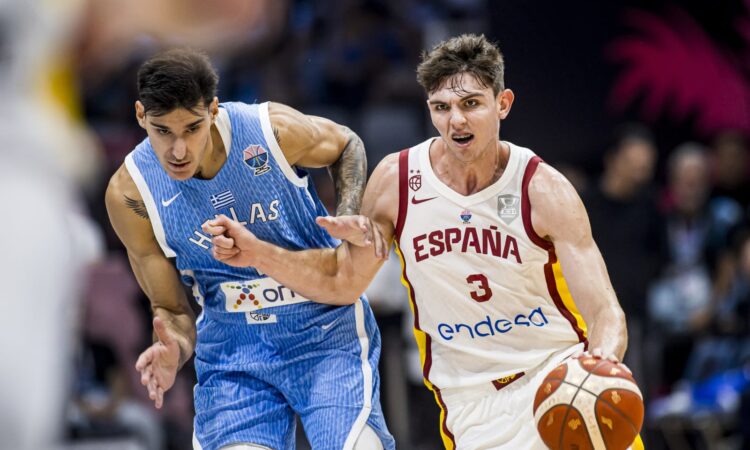 Sergio De Larrea drives upcourt for Spain against Greece at FIBA EuroBasket 2025