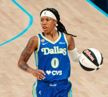 Dallas Wings guard Sug Sutton brings the ball up the court during her WNBA debut against the Las Vegas Aces at College Park Center in Arlington, Texas, on June 15, 2026.