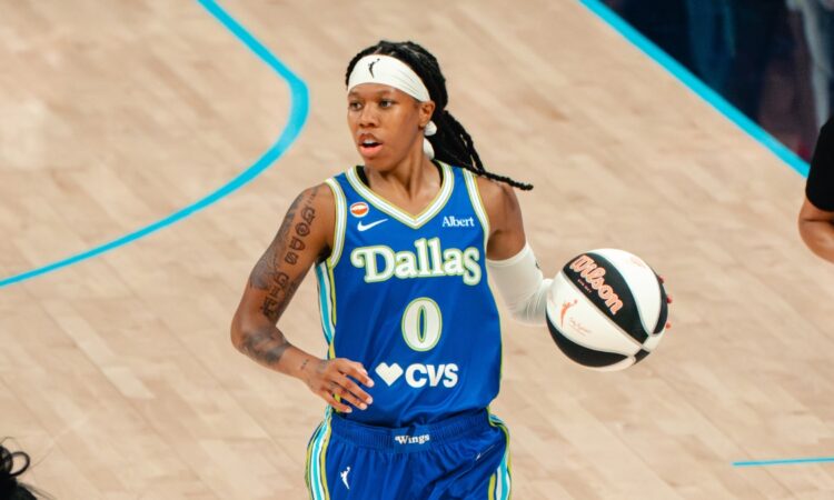 Dallas Wings guard Sug Sutton brings the ball up the court during her WNBA debut against the Las Vegas Aces at College Park Center in Arlington, Texas, on June 15, 2026.