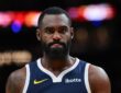Tim Hardaway Jr. looks on during a Denver Nuggets game against the Miami Heat at Kaseya Center