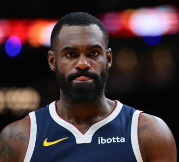 Tim Hardaway Jr. looks on during a Denver Nuggets game against the Miami Heat at Kaseya Center