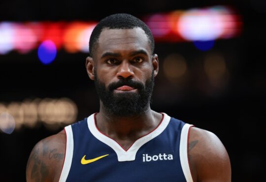 Tim Hardaway Jr. looks on during a Denver Nuggets game against the Miami Heat at Kaseya Center