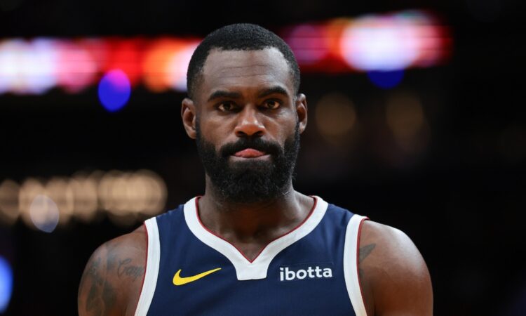 Tim Hardaway Jr. looks on during a Denver Nuggets game against the Miami Heat at Kaseya Center