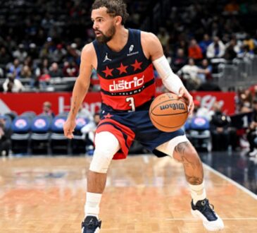 Trae Young #3 of the Washington Wizards handles the ball against the Golden State Warriors at Capital One Arena.