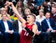 Miami Heat guard Tyler Herro holds his follow-through after a shot during a road game in Dallas during the 2025-26 season