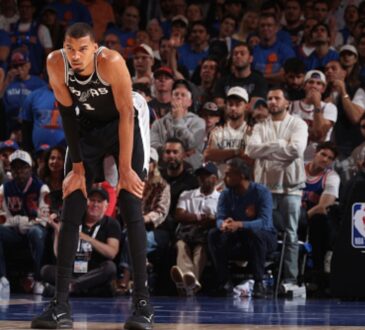 Victor Wembanyama #1 of the San Antonio Spurs looks on during Game 4 of the 2026 NBA Finals against the New York Knicks at Madison Square Garden.