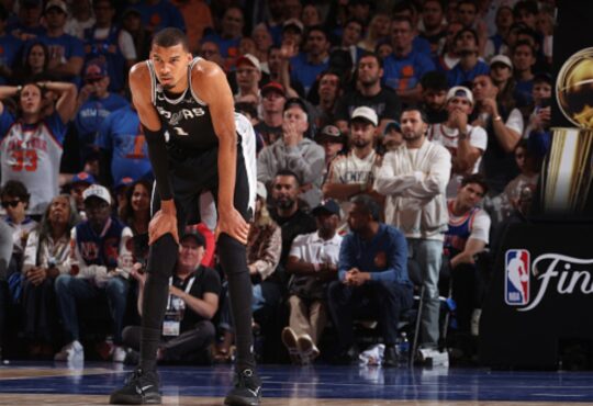 Victor Wembanyama #1 of the San Antonio Spurs looks on during Game 4 of the 2026 NBA Finals against the New York Knicks at Madison Square Garden.