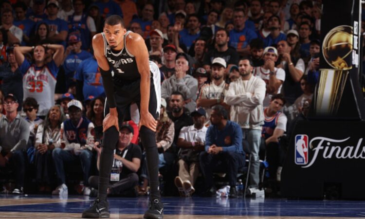 Victor Wembanyama #1 of the San Antonio Spurs looks on during Game 4 of the 2026 NBA Finals against the New York Knicks at Madison Square Garden.