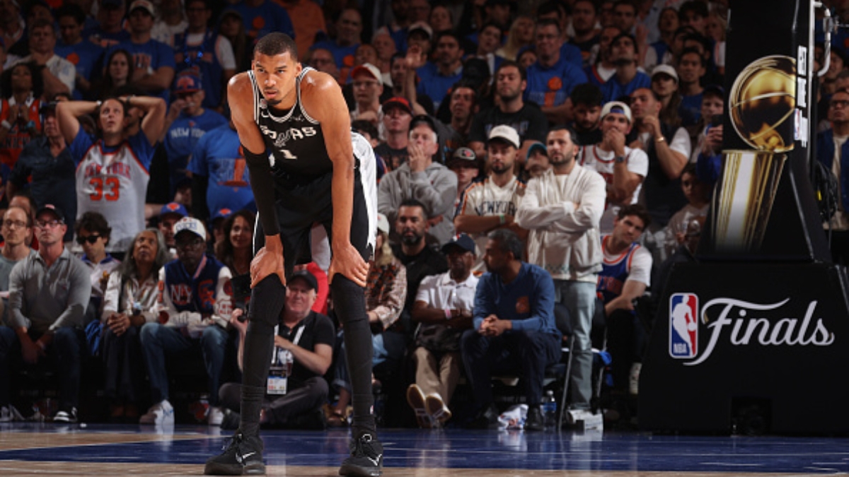 Victor Wembanyama #1 of the San Antonio Spurs looks on during Game 4 of the 2026 NBA Finals against the New York Knicks at Madison Square Garden.