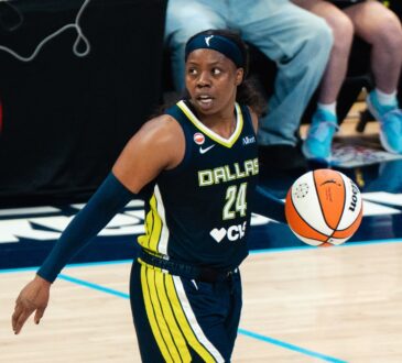 Dallas Wings guard Arike Ogunbowale (24) dribbles up the court during Dallas' win over the Los Angeles Sparks on July 19, 2026.