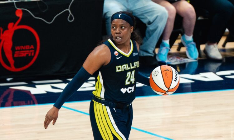 Dallas Wings guard Arike Ogunbowale (24) dribbles up the court during Dallas' win over the Los Angeles Sparks on July 19, 2026.
