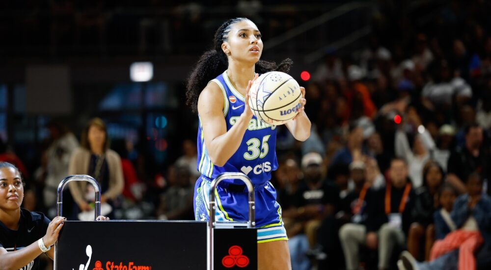 Dallas Wings guard Azzi Fudd rises into a shot off the rack during the 2026 State Farm WNBA 3-Point Contest at Wintrust Arena in Chicago.