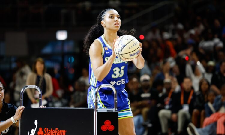 Dallas Wings guard Azzi Fudd rises into a shot off the rack during the 2026 State Farm WNBA 3-Point Contest at Wintrust Arena in Chicago.