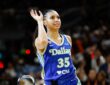 Dallas Wings guard Azzi Fudd follows through on a 3-pointer during the 2026 WNBA 3-Point Contest at Wintrust Arena in Chicago.