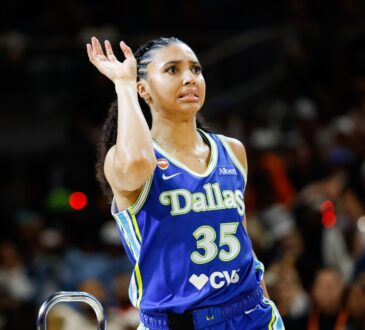 Dallas Wings guard Azzi Fudd follows through on a 3-pointer during the 2026 WNBA 3-Point Contest at Wintrust Arena in Chicago.