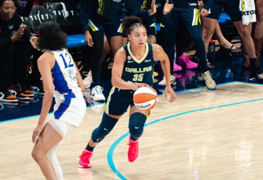 Dallas Wings guard Azzi Fudd (35) dribbles up the court against Los Angeles Sparks guard Rae Burrell (12) during Dallas' win over the Sparks on July 19, 2026.