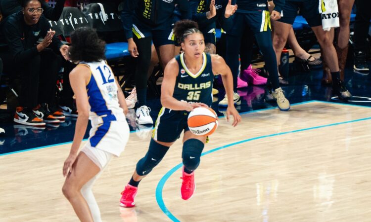 Dallas Wings guard Azzi Fudd (35) dribbles up the court against Los Angeles Sparks guard Rae Burrell (12) during Dallas' win over the Sparks on July 19, 2026.