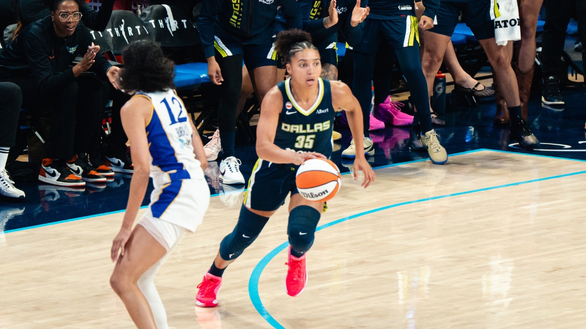 Dallas Wings guard Azzi Fudd (35) dribbles up the court against Los Angeles Sparks guard Rae Burrell (12) during Dallas' win over the Sparks on July 19, 2026.