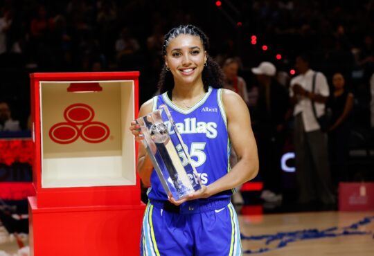 Dallas Wings guard Azzi Fudd holds the 2026 State Farm WNBA 3-Point Contest trophy at Wintrust Arena after the win that prompted her rematch request to Stephen Curry.