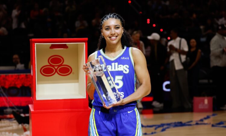 Dallas Wings guard Azzi Fudd holds the 2026 State Farm WNBA 3-Point Contest trophy at Wintrust Arena after the win that prompted her rematch request to Stephen Curry.