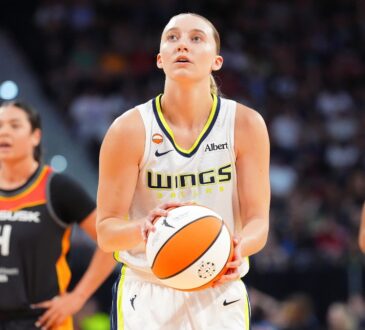 Dallas Wings guard Paige Bueckers shoots a free throw during a game against the Connecticut Sun