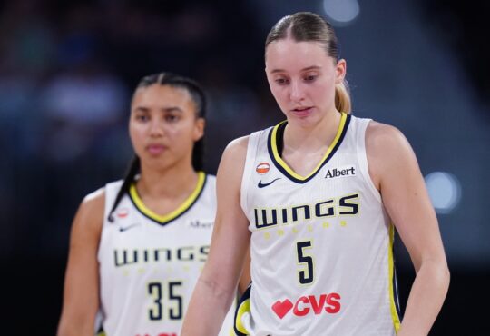 Dallas Wings guards Paige Bueckers and Azzi Fudd on the court against the Connecticut Sun in the second half at PeoplesBank Arena