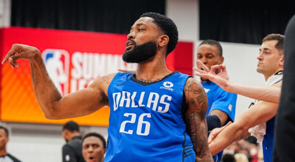Dallas Mavericks guard Darin Green Jr. reacts and gestures during an NBA Summer League game