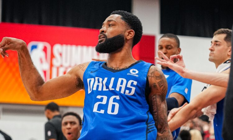 Dallas Mavericks guard Darin Green Jr. reacts and gestures during an NBA Summer League game
