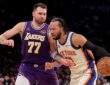 New York Knicks guard Jalen Brunson drives against Los Angeles Lakers guard Luka Dončić at Madison Square Garden