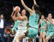 Dallas Wings forward Jessica Shepard drives to the basket against New York Liberty center Han Xu in the first quarter at Barclays Center