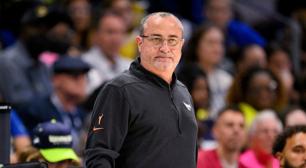 Dallas Wings head coach Jose Fernandez watches from the sideline at College Park Center.