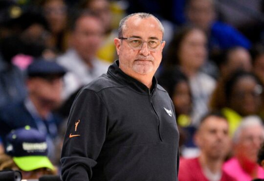 Dallas Wings head coach Jose Fernandez watches from the sideline at College Park Center.