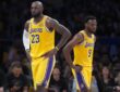 LeBron James #23 and Bronny James #9 of the Los Angeles Lakers during Game 1 of the NBA Playoffs against the Houston Rockets at Crypto.com Arena.